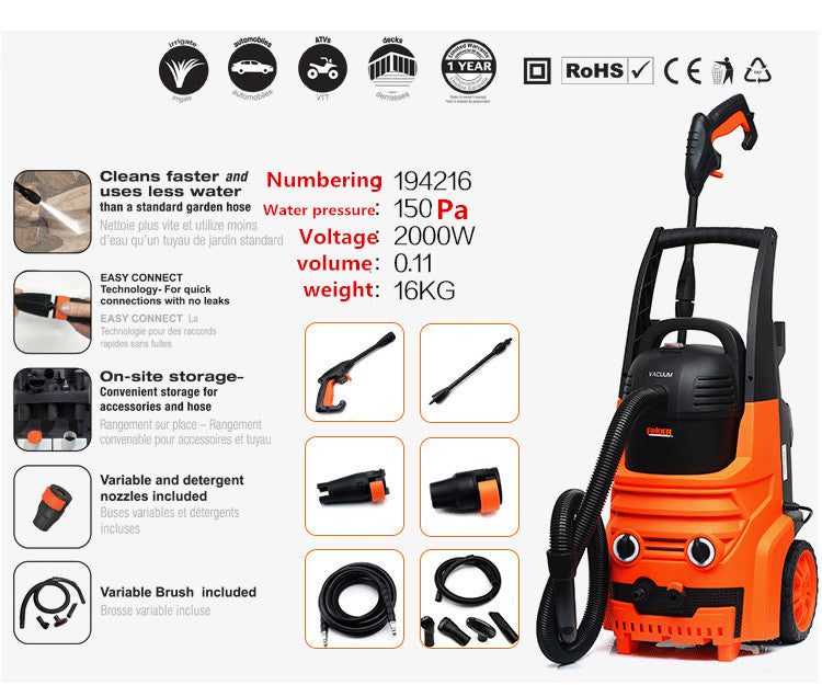 2IN1 Car Wash Machine Portable High Pressure Washer 2000W  & Vacuum Cleaner