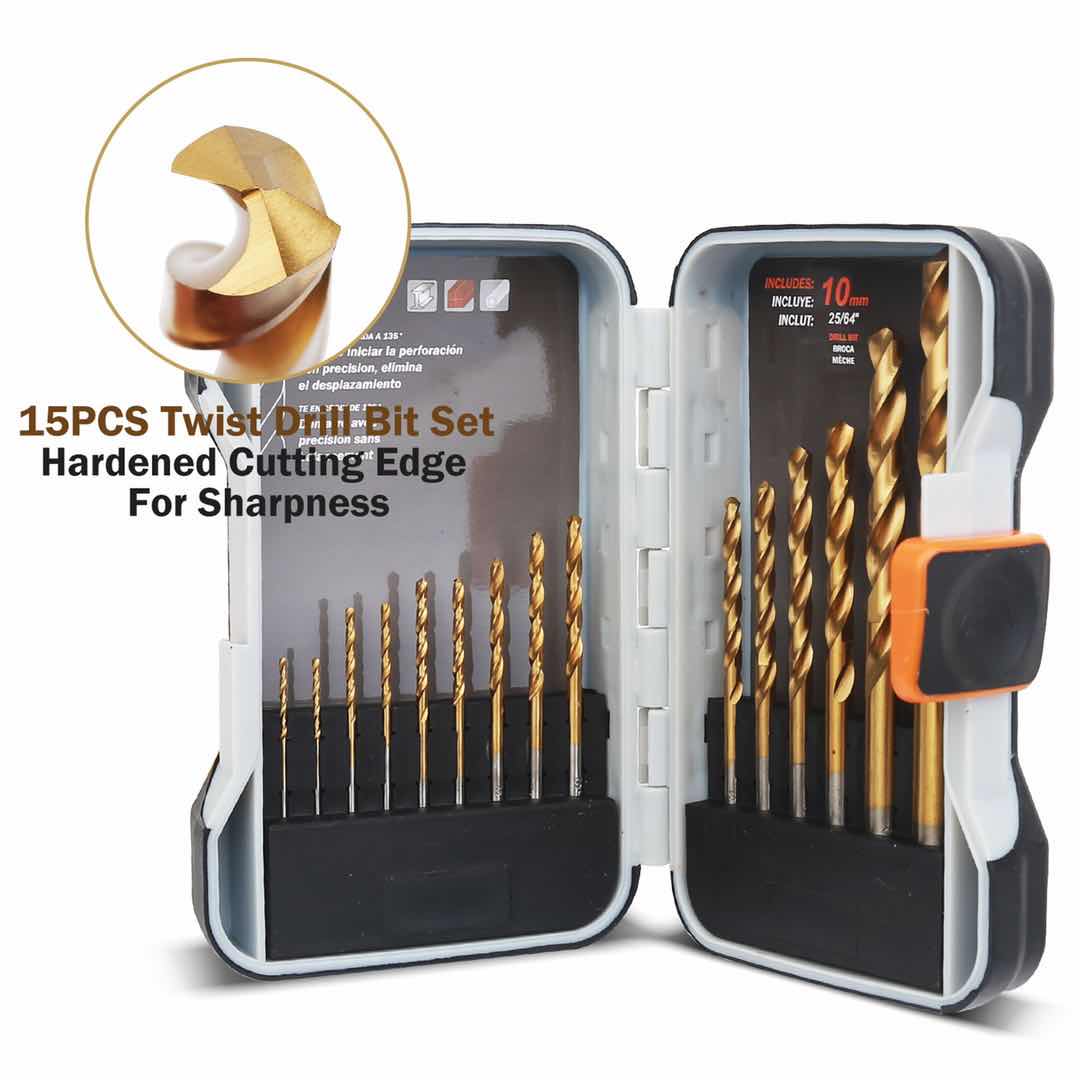 HIGH QUALITY Twist Metal Titanium Drill Bit Set 15 Pieces Bits Kit in a Durable Storage Box